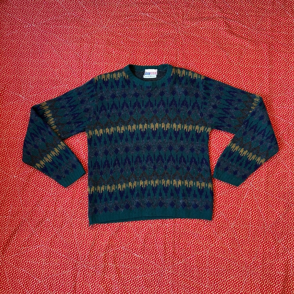 Vintage Revere Orlon Acrylic Fair Isle Knit Sweater Green Blue Medium 70s Nordic